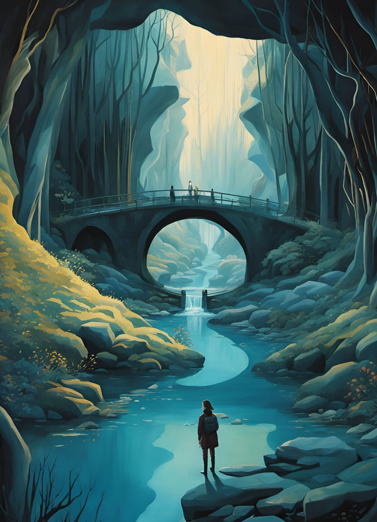 Icy Cavern Stream Illustration in Cartoon Style
