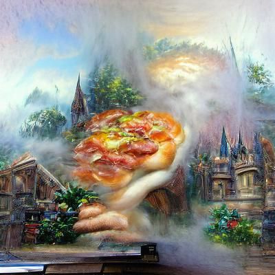Ethereal Fantasy Pizza Slap in Kinkade Style