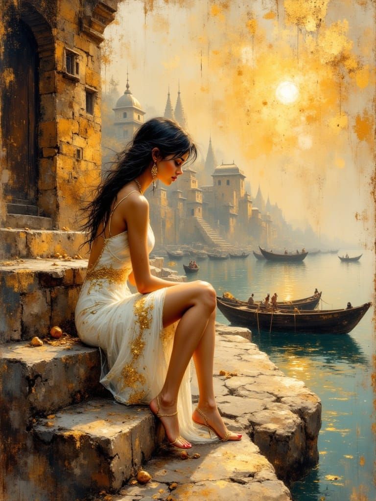Cyberpunk Varanasi Sunrise: Indian Girl in Klimt Style