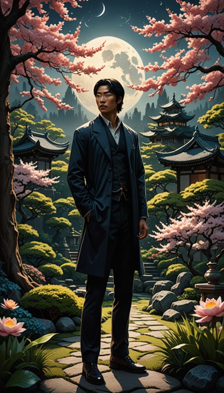Concept Art of Muscular Man in Japanese Garden