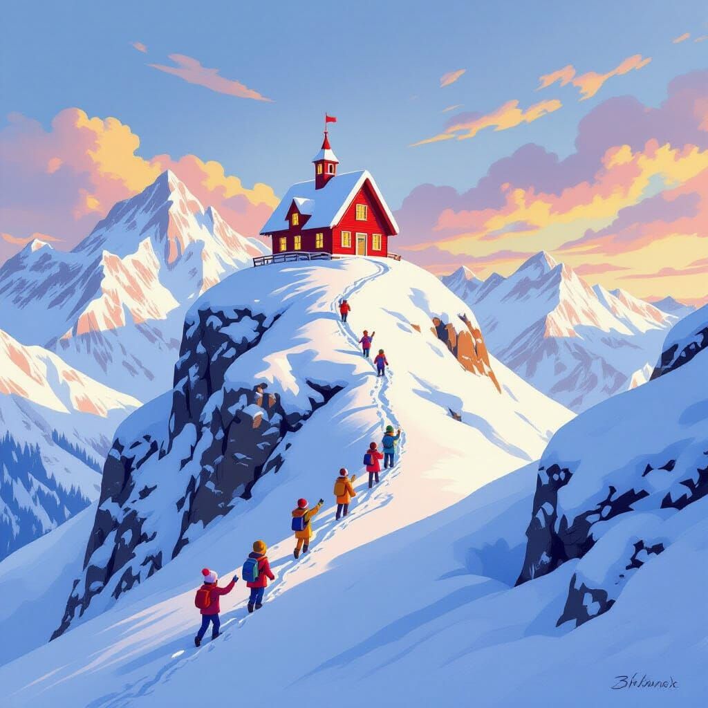 Children Climb Snowy Mountain to Warm Schoolhouse