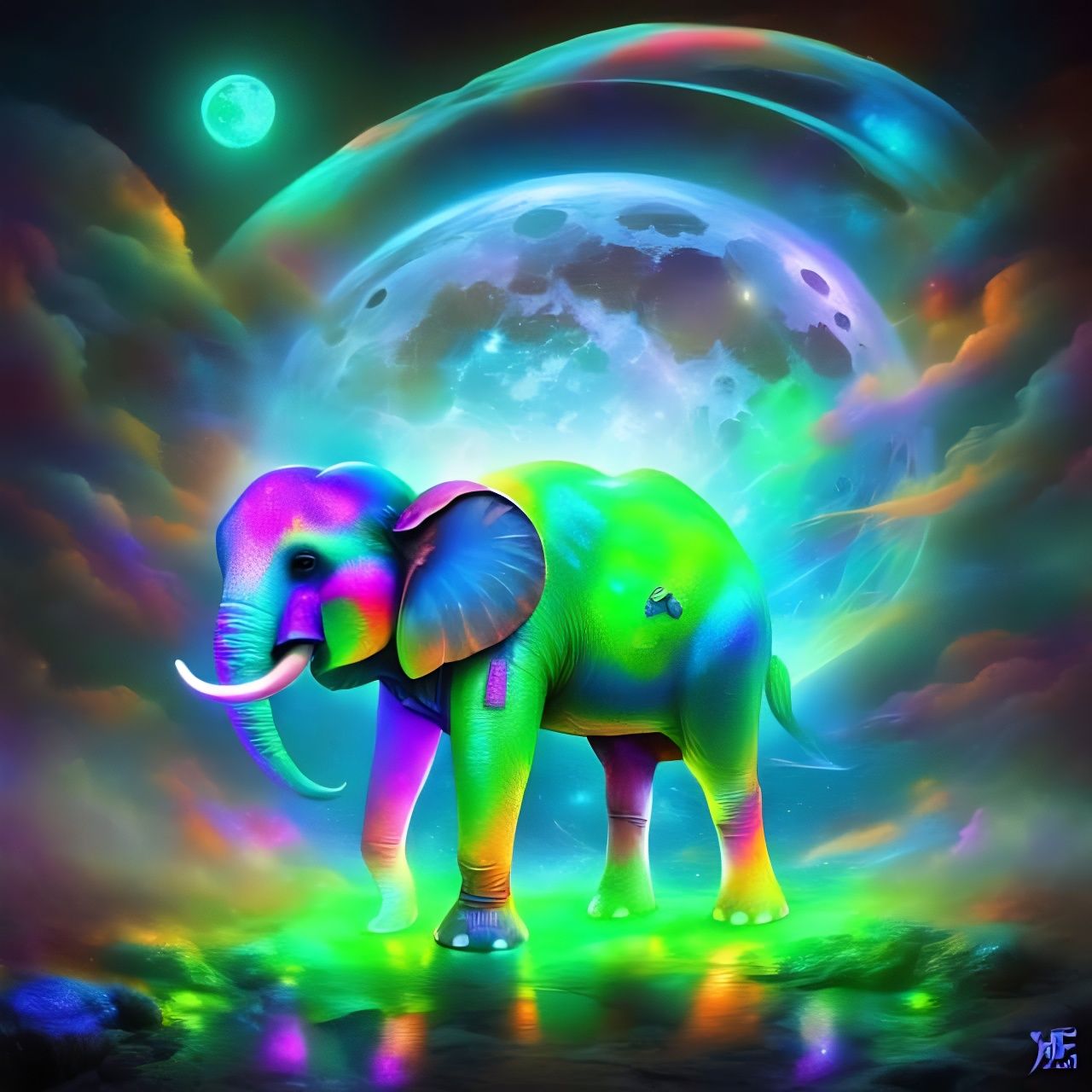 Surreal Cosmic Elephant in Neon Holographic Dreamscape