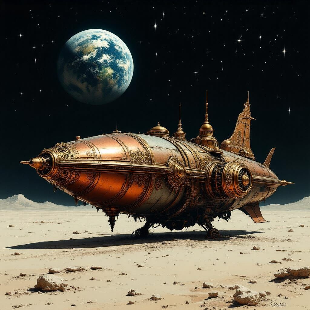 Steampunk Spaceship on Moon with Earth View