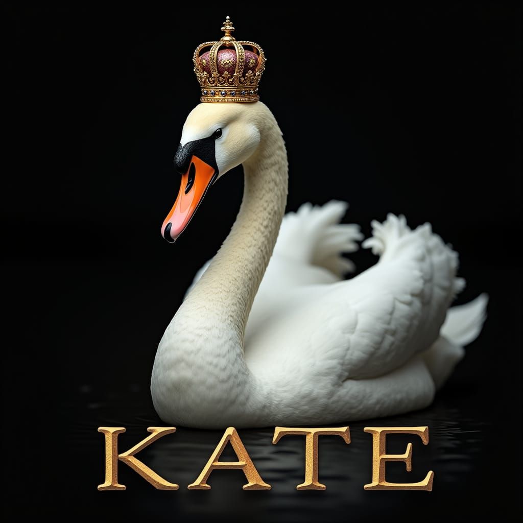 Majestic White Swan Queen with Golden Crown and Black Backgr...