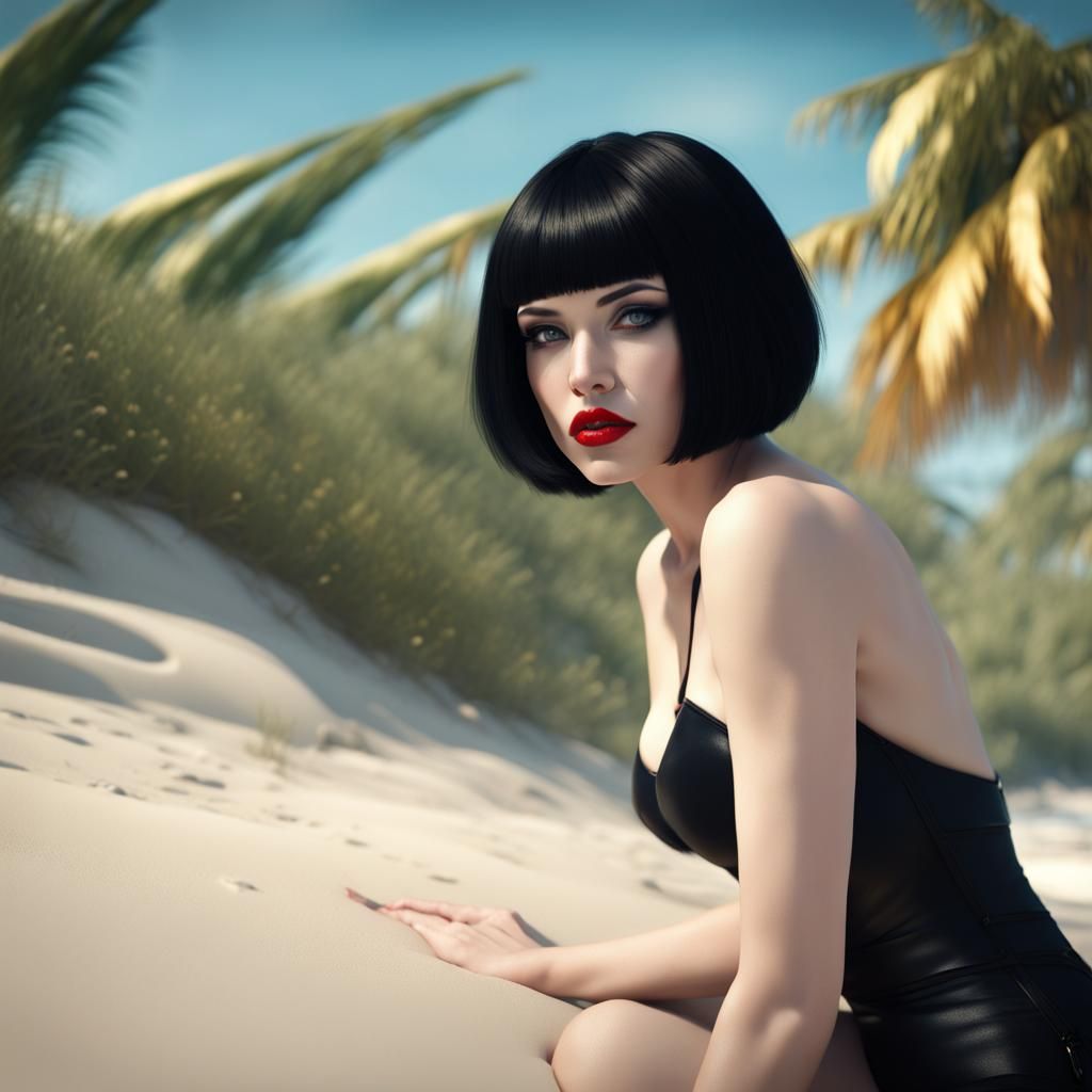 Gothic Woman on Tropical Beach in Detailed Digital Art