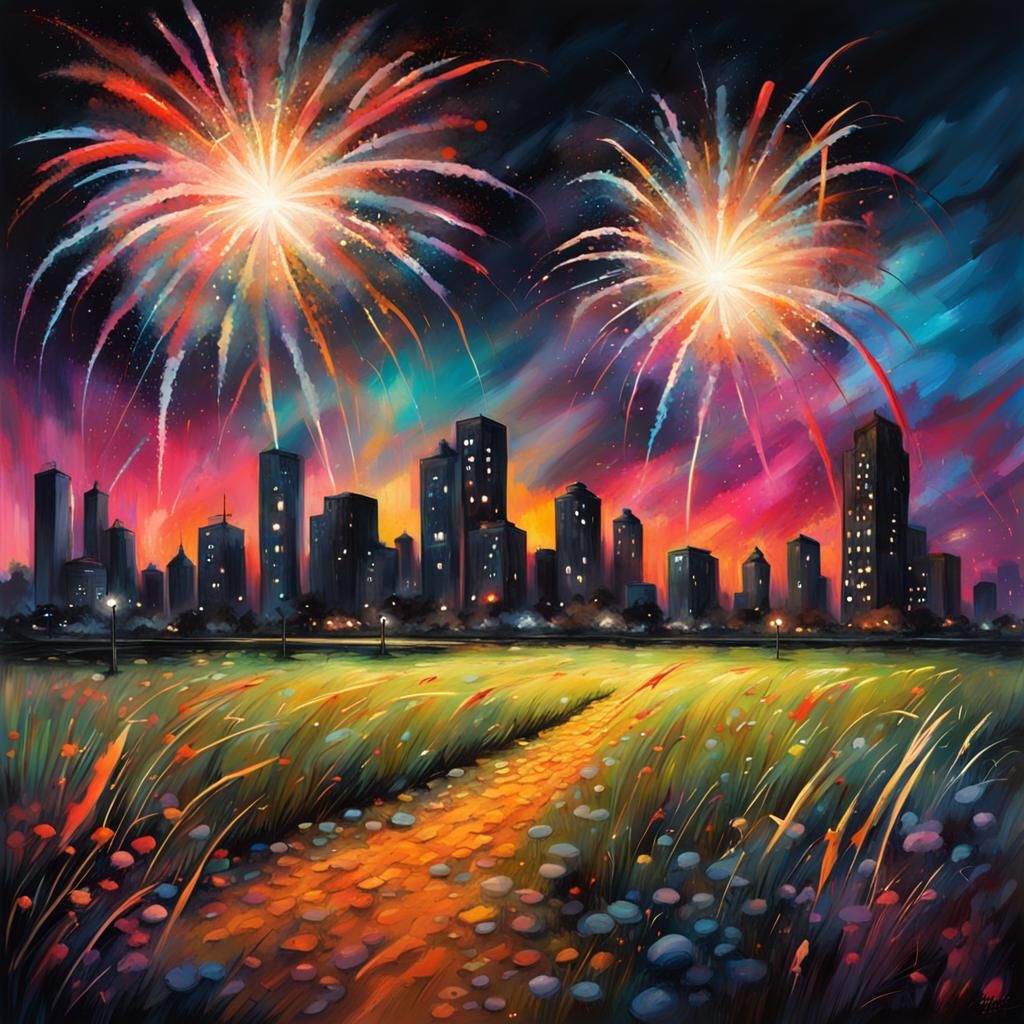 Colorful Fireworks Display in Graffiti Art Style