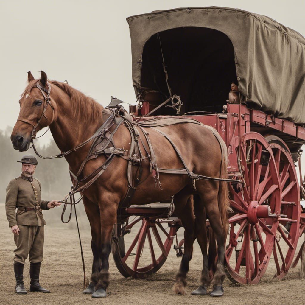 Red-Clad Soldier and Horse-Drawn Wagon
