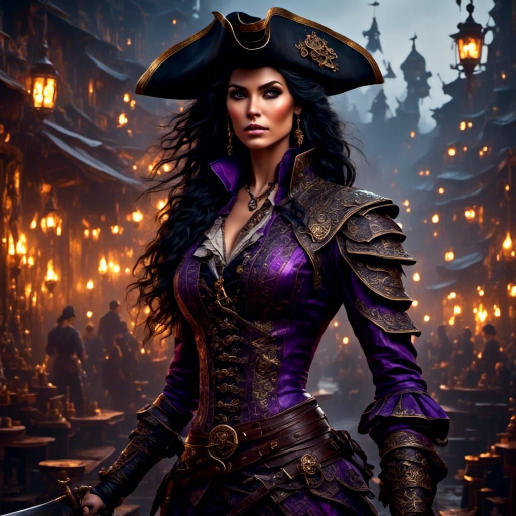 Female Pirate on Misty Shores in Art Nouveau Style