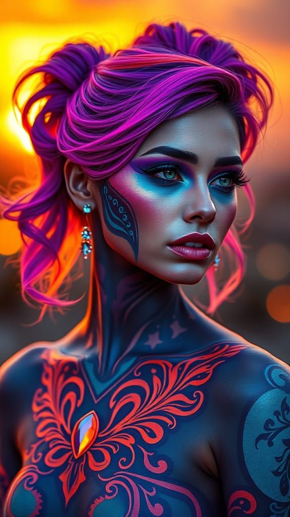 Neon Body Paint Portrait in Cyber-Baroque Style