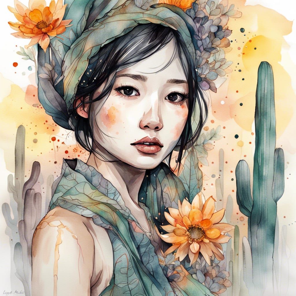 Adorable Asian Woman in Desert Sunset, Watercolor Style