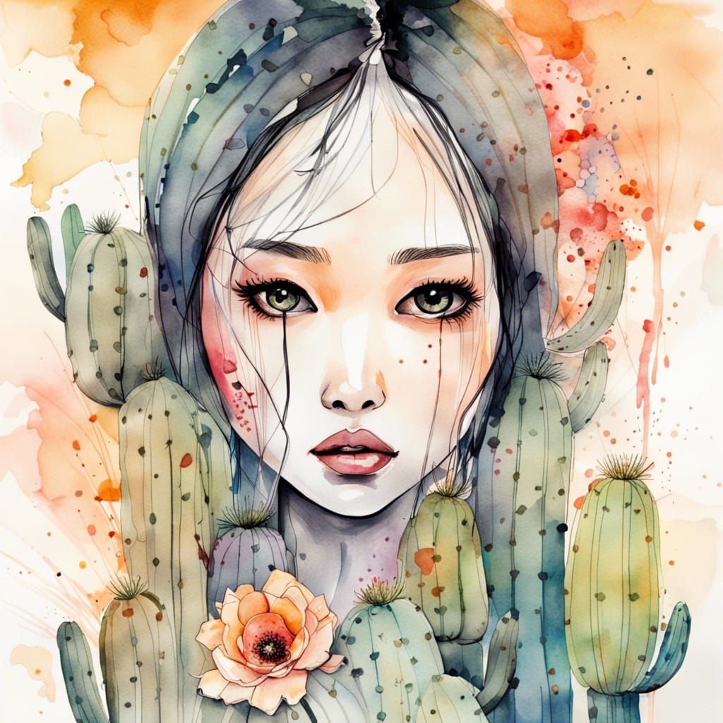 Beautiful Asian Woman in Desert Sunset: Watercolor and Ink