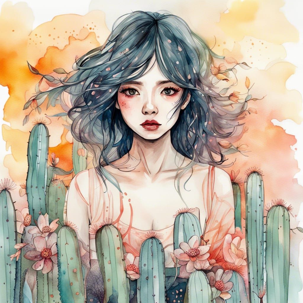 Asian Woman in Desert Sunset: Vibrant Watercolor Art