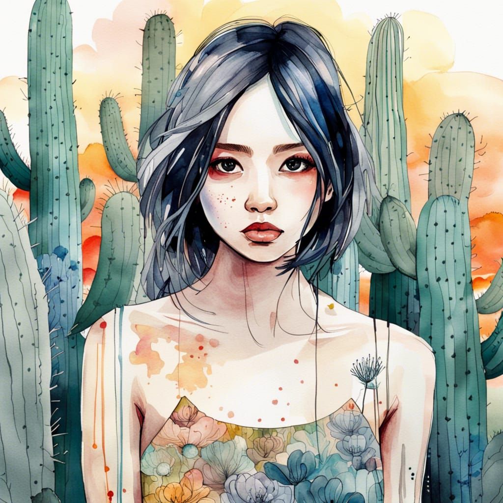 Desert Sunset Woman: Watercolor Impression