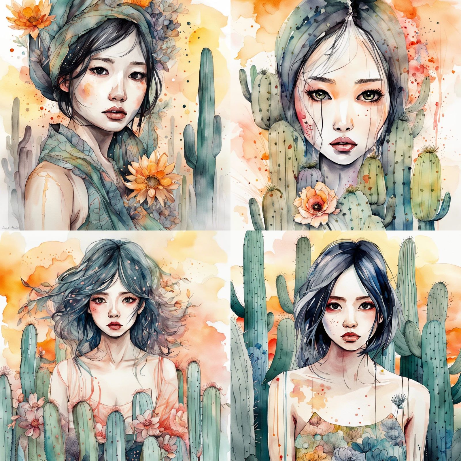 Asian Woman in Desert Sunset: Watercolor Style