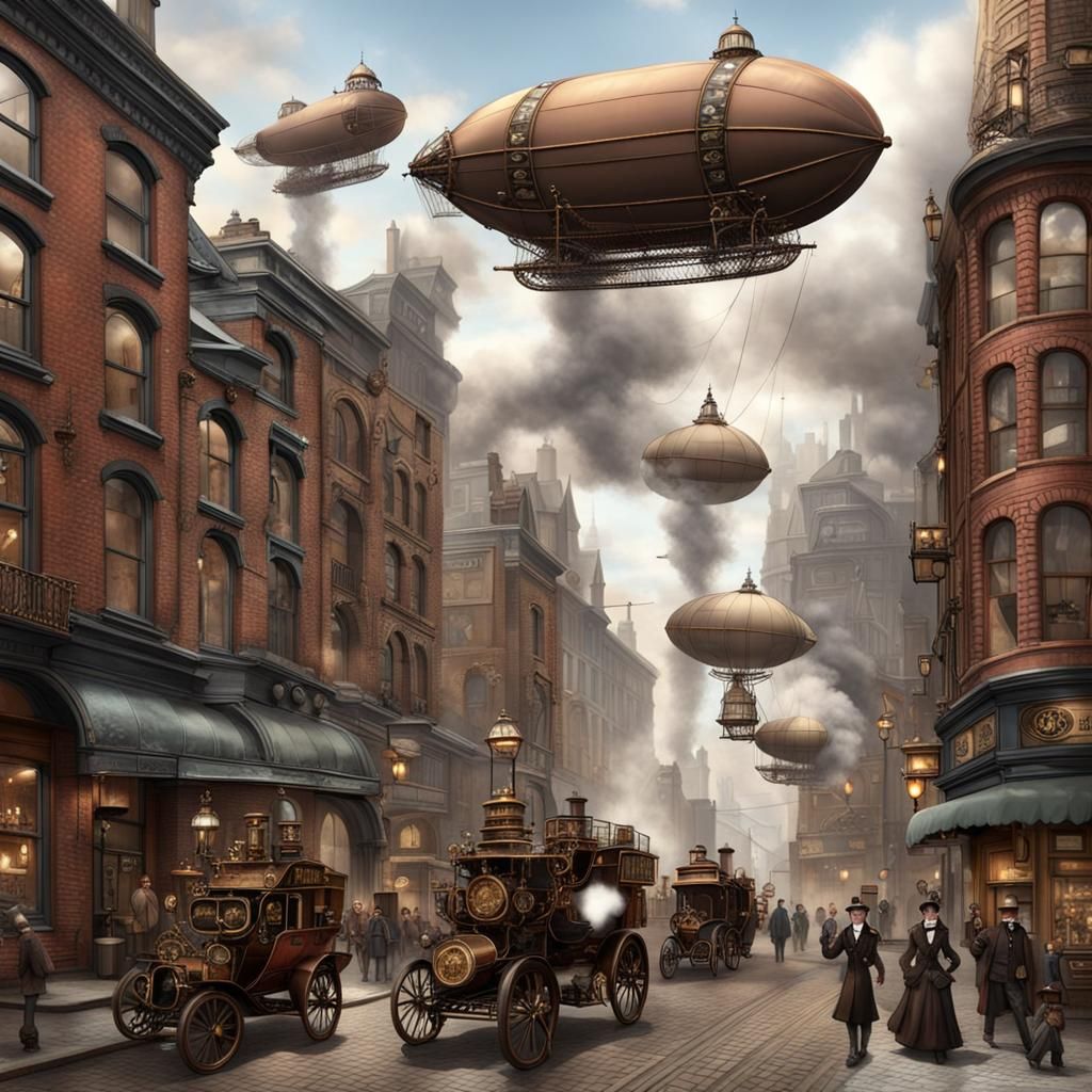 Steampunk Victorian Cityscape with Airships