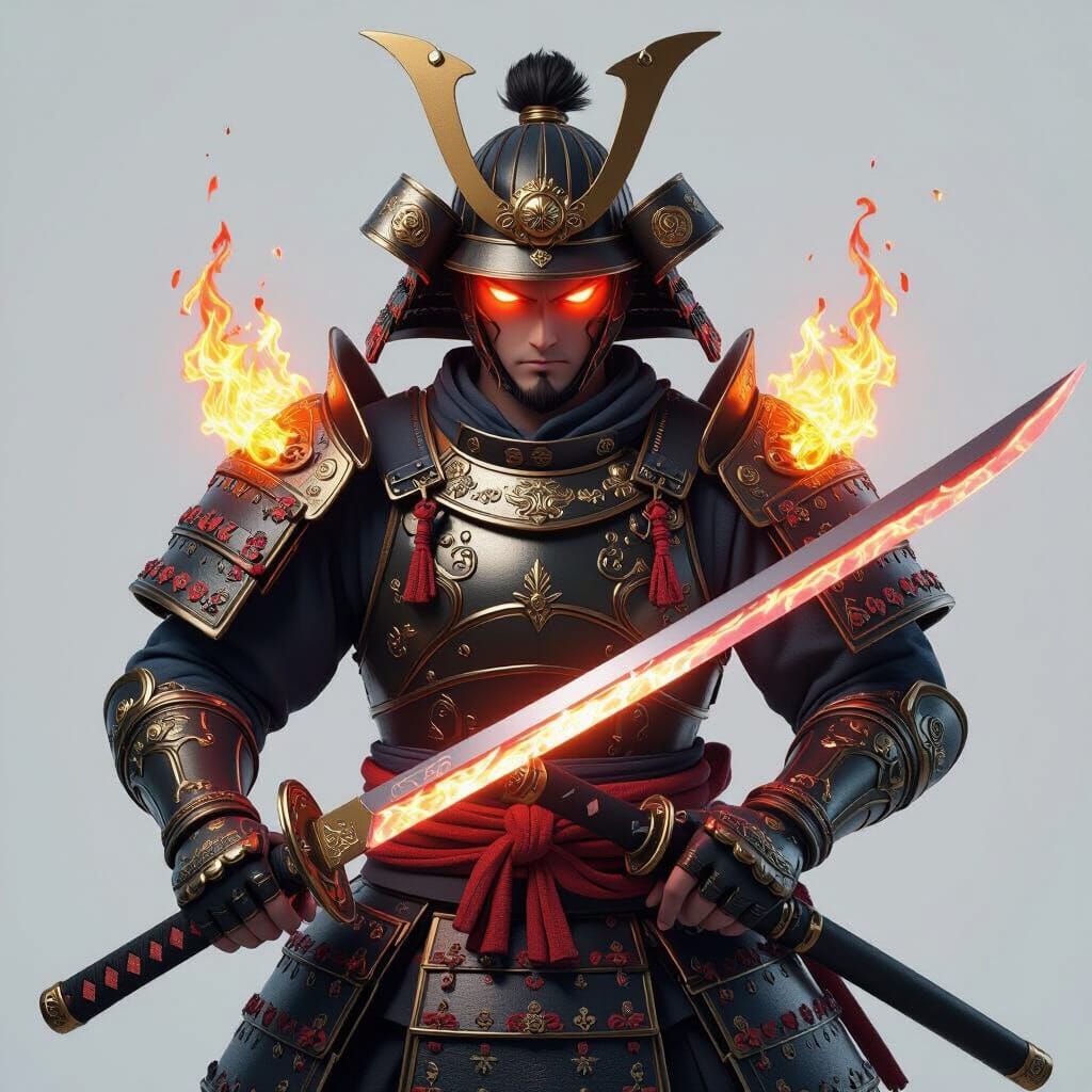 Ornate Samurai Warrior with Glowing Eyes in Anime Style