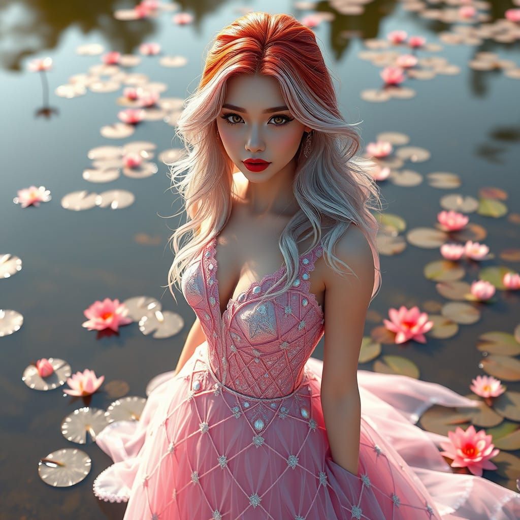 Glamorous Woman in Diamond Star Dress Standing by Warm Lake
