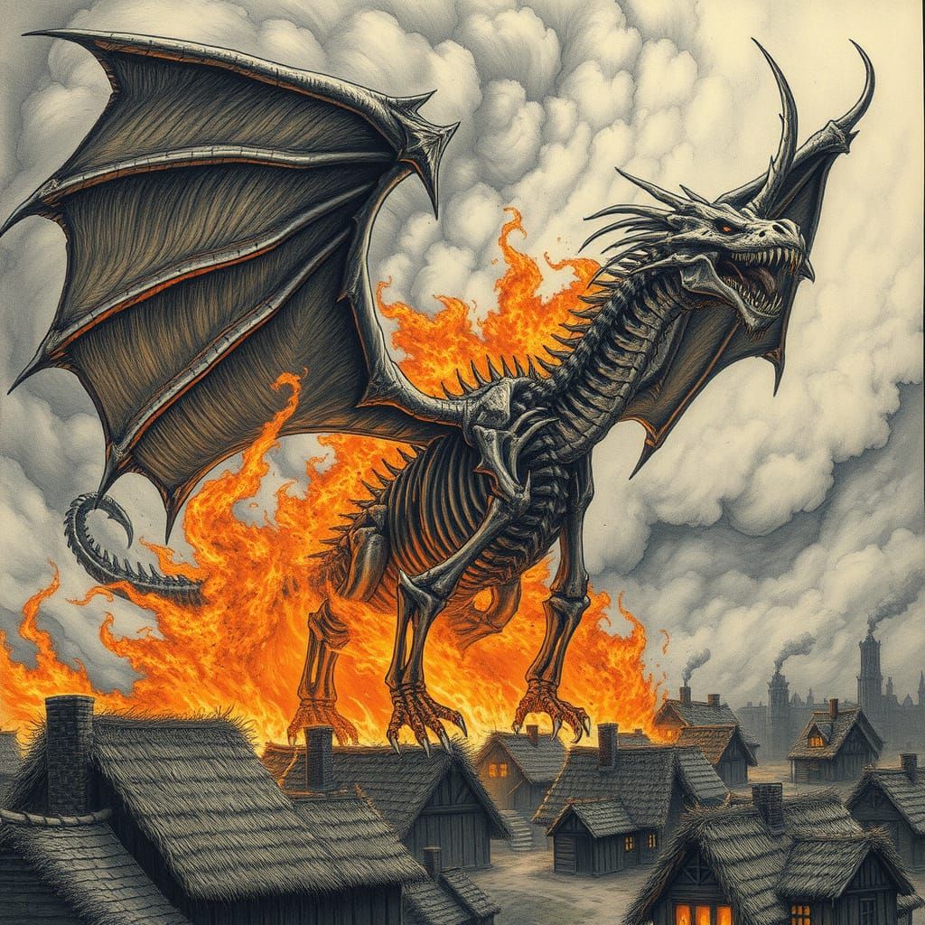 Skeletal Dragon Devours Burning Village in Fiery Apocalypse
