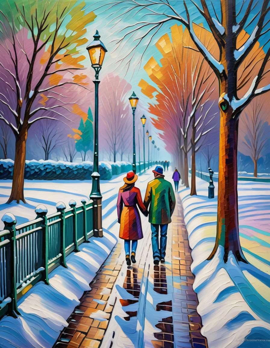 Couple in Snowy Park: Expressionist Oil Painting