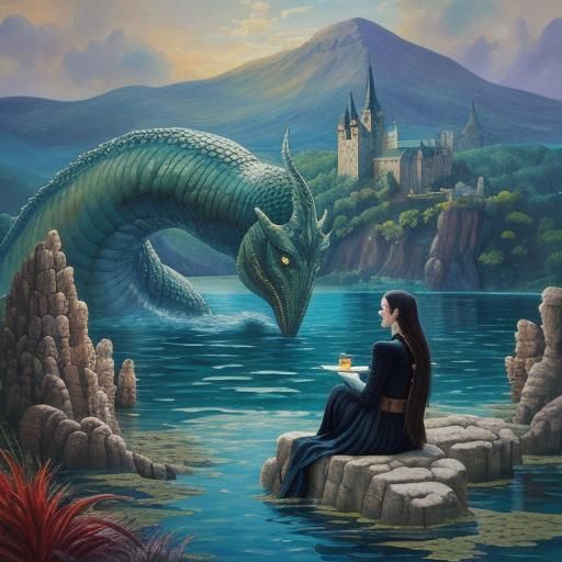 Girl and Loch Ness Monster in Gouache Style