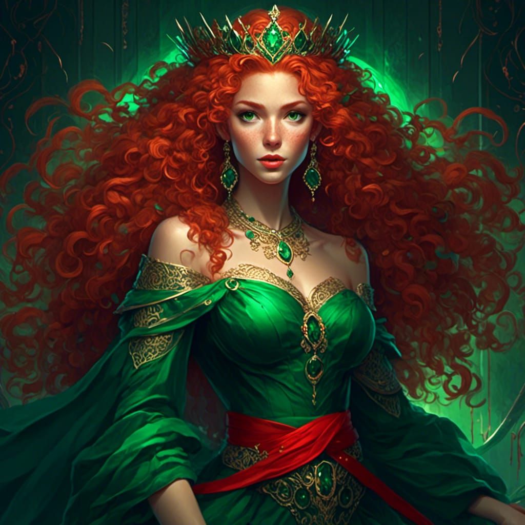 Ginger Haired Woman in Green Dress with Emerald Eyes