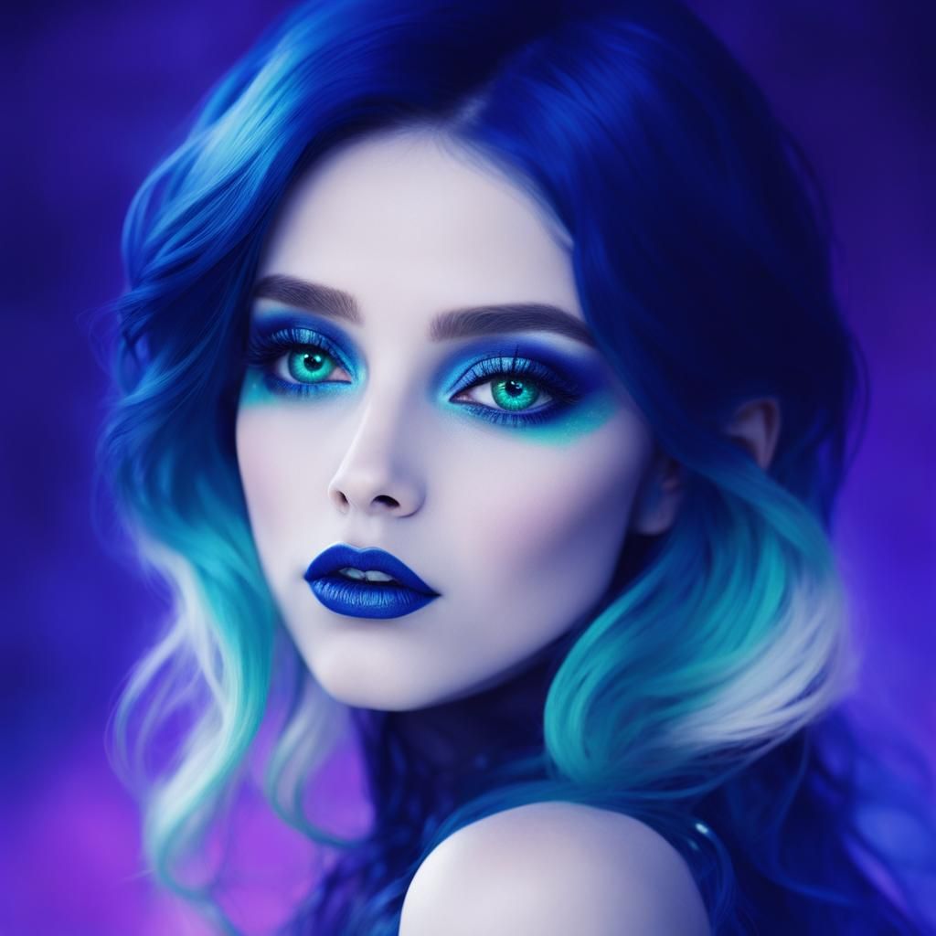 Ethereal gothic beauty with dark blue wavy hair with dark te...