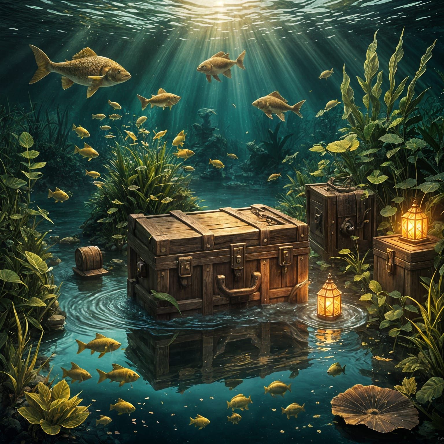 Hyperrealistic Pond Scene with Gold and Fanged Fish