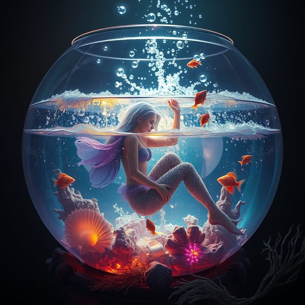 Mermaid's Sparkly Bath in Fishbowl, Fantasy Art