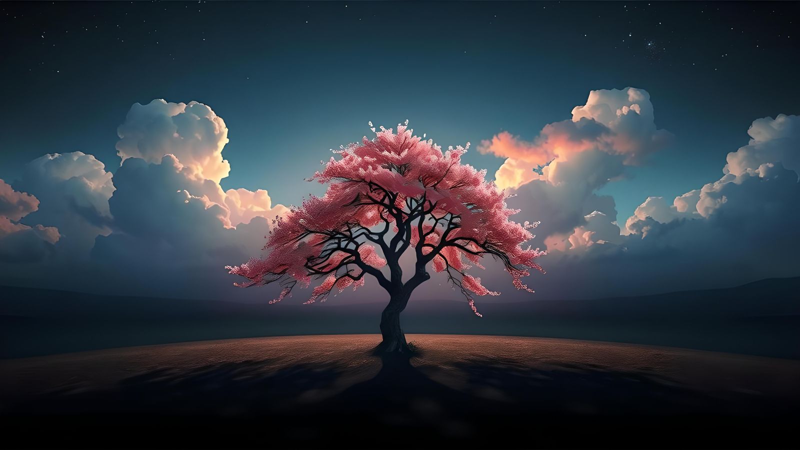 Cherry Blossom in Black Desert: Hyperrealistic Night Scene