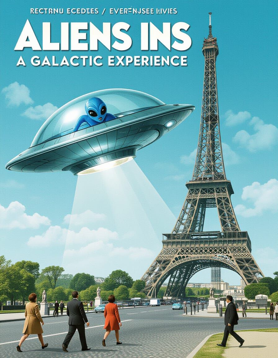Retrofuturistic Alien Landing in Paris Poster