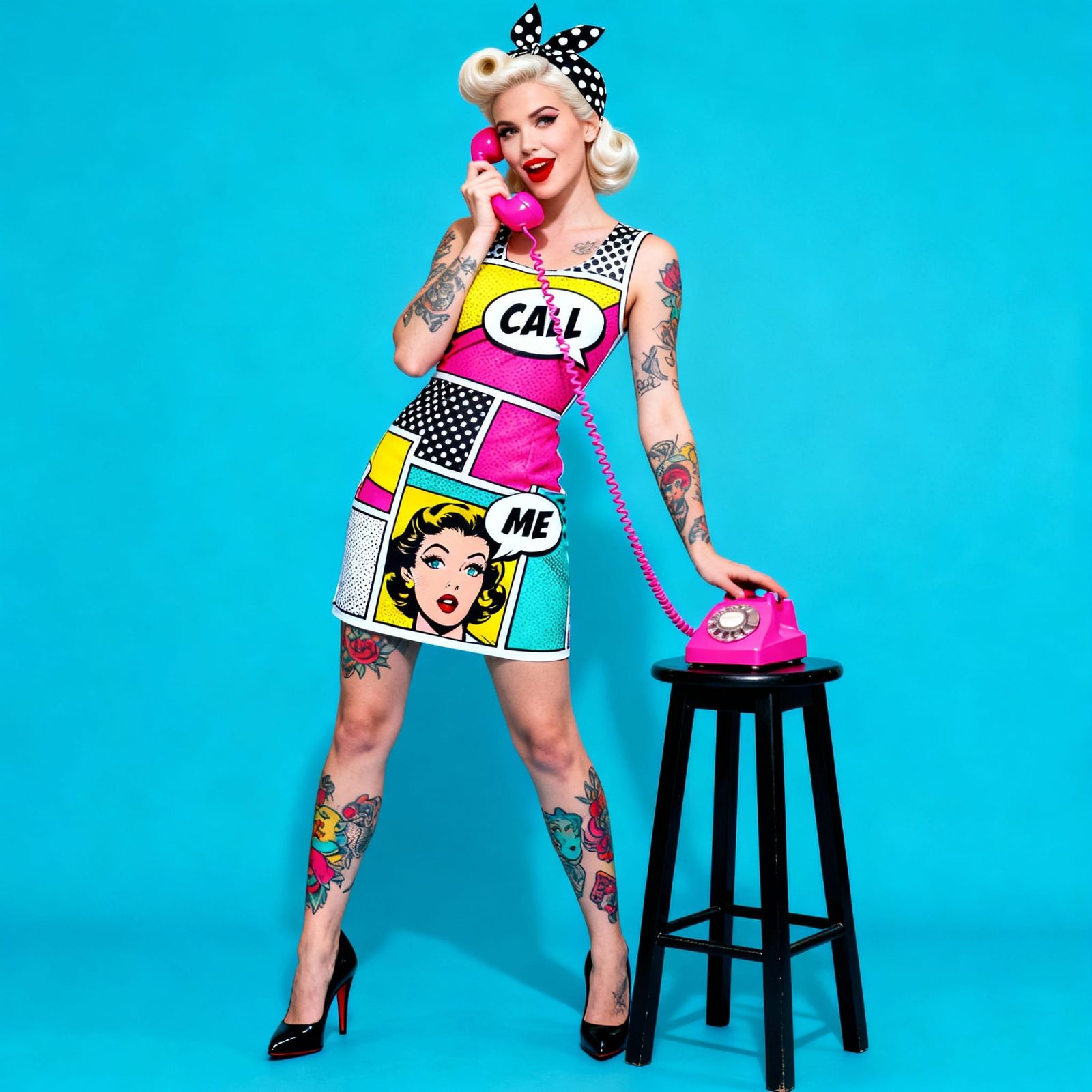 Pin-Up Woman with Pop Art Dress and Rotary Phone