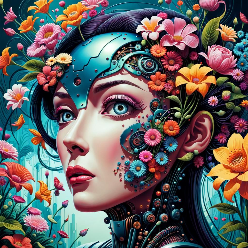 Surreal Woman in Flowers: Psychedelic Digital Art