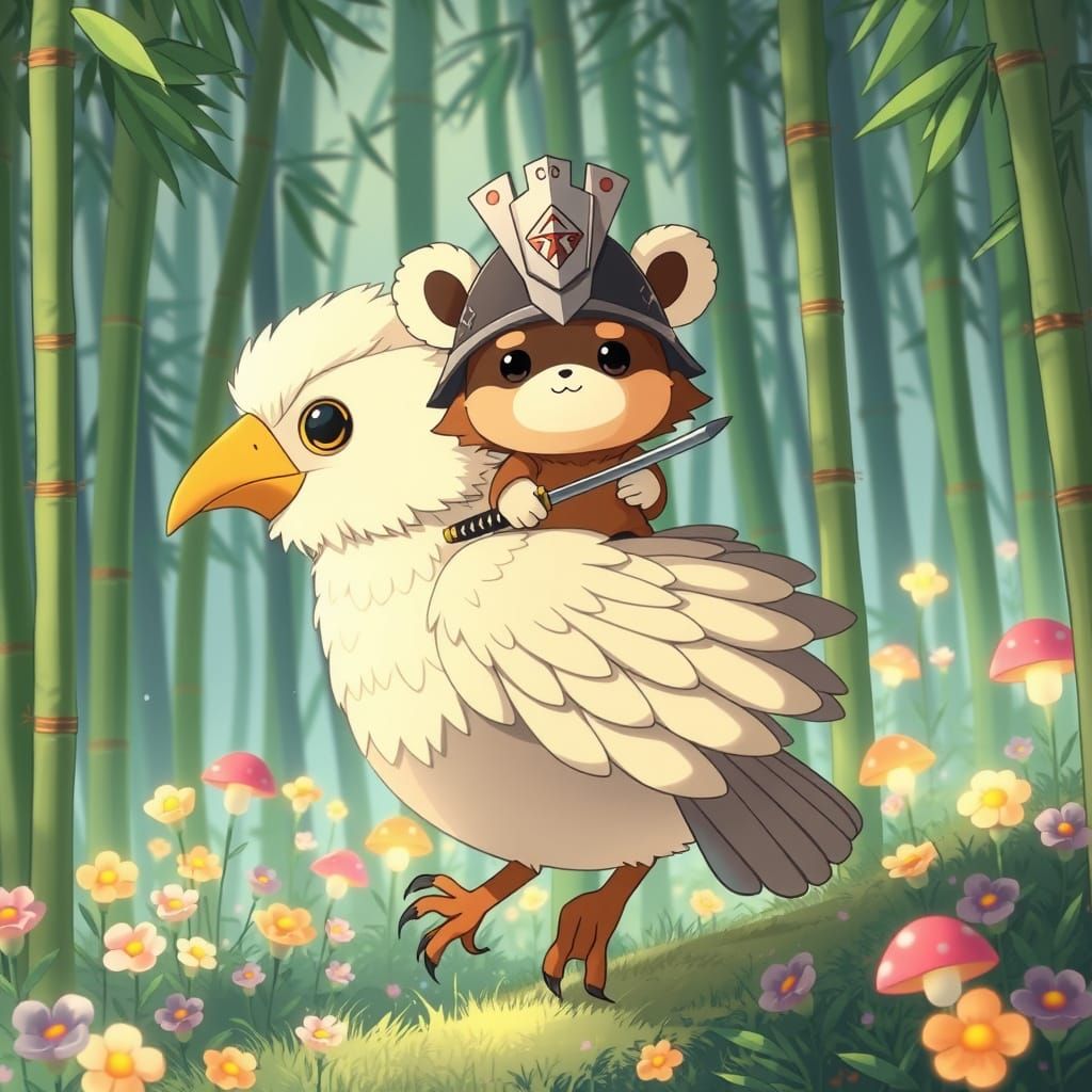 Tanuki Samurai on Sparrow in Ghibli-esque Anime Forest