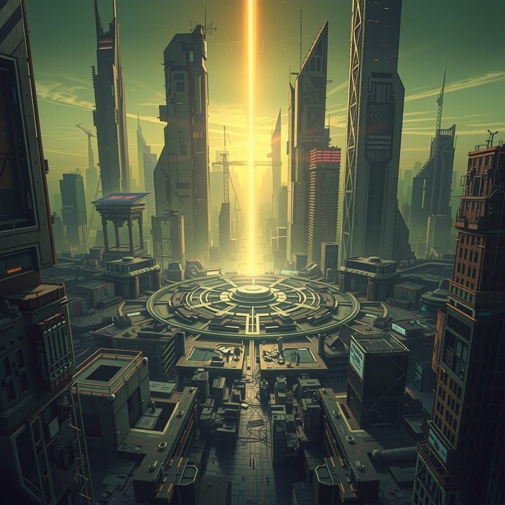 Cyberpunk City Aerial View in Post-Apocalyptic Setting