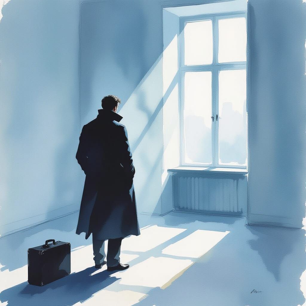 Man in Long Coat Contemplates View Through Window in Waterco...