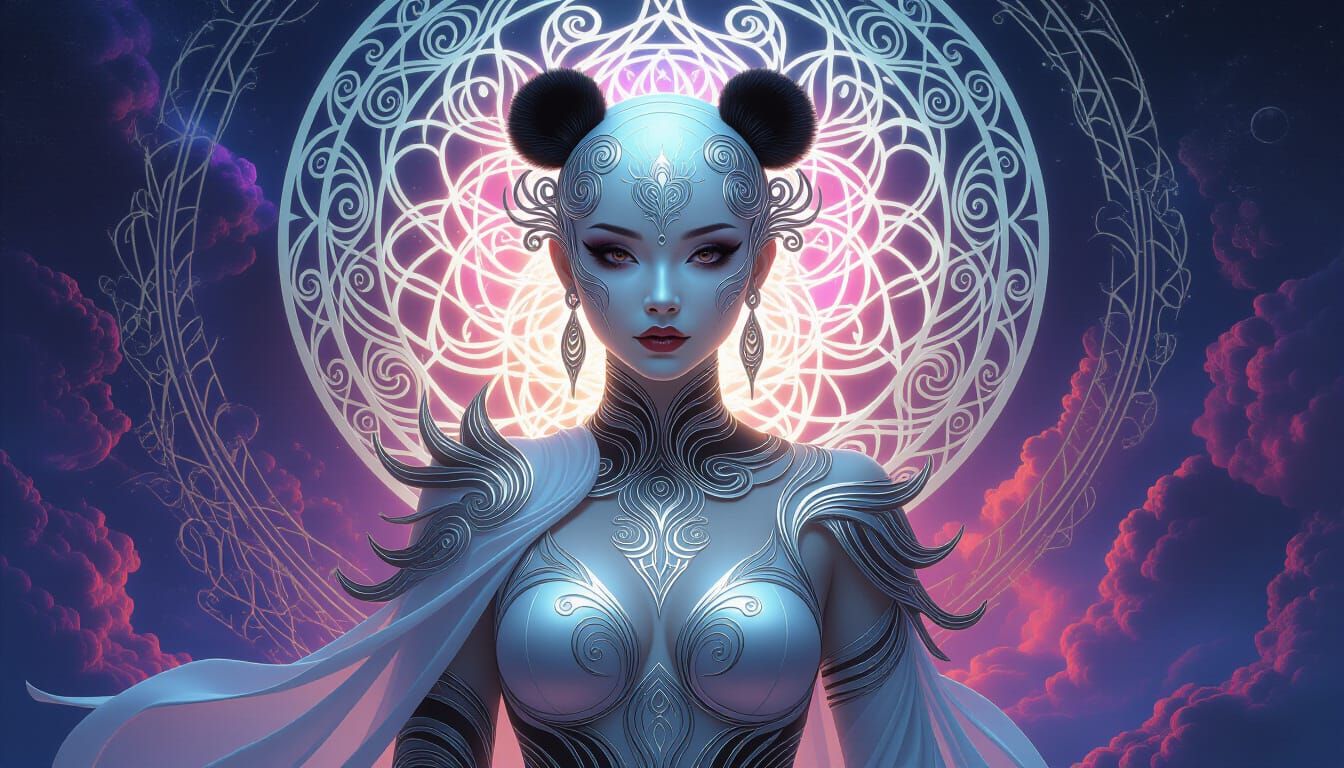 Panda Hybrid Woman in Cosmic Silver Attire