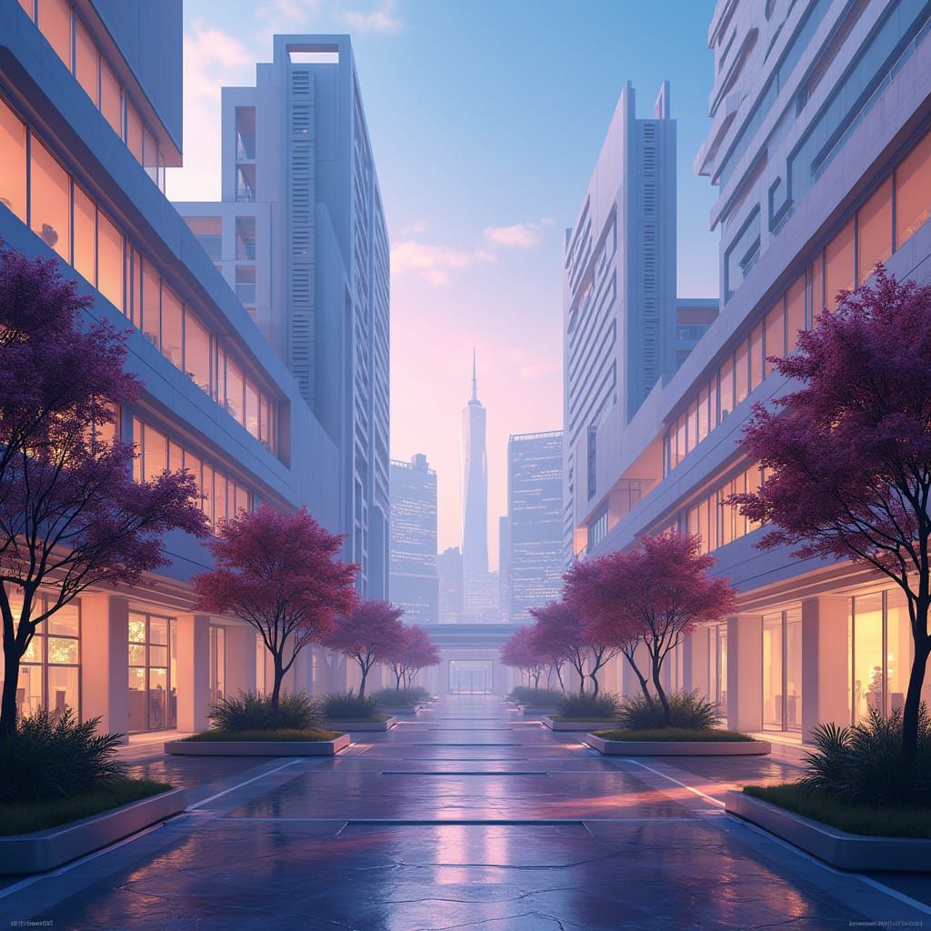 Futuristic College Campus with Neon Lights in 3D Anime Style
