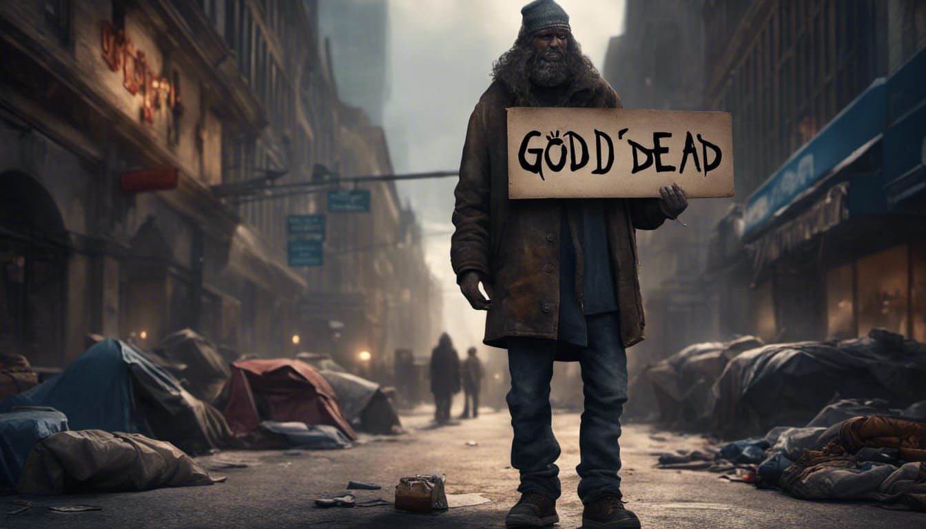 Homeless Man with Sign: Dark Fantasy Concept Art