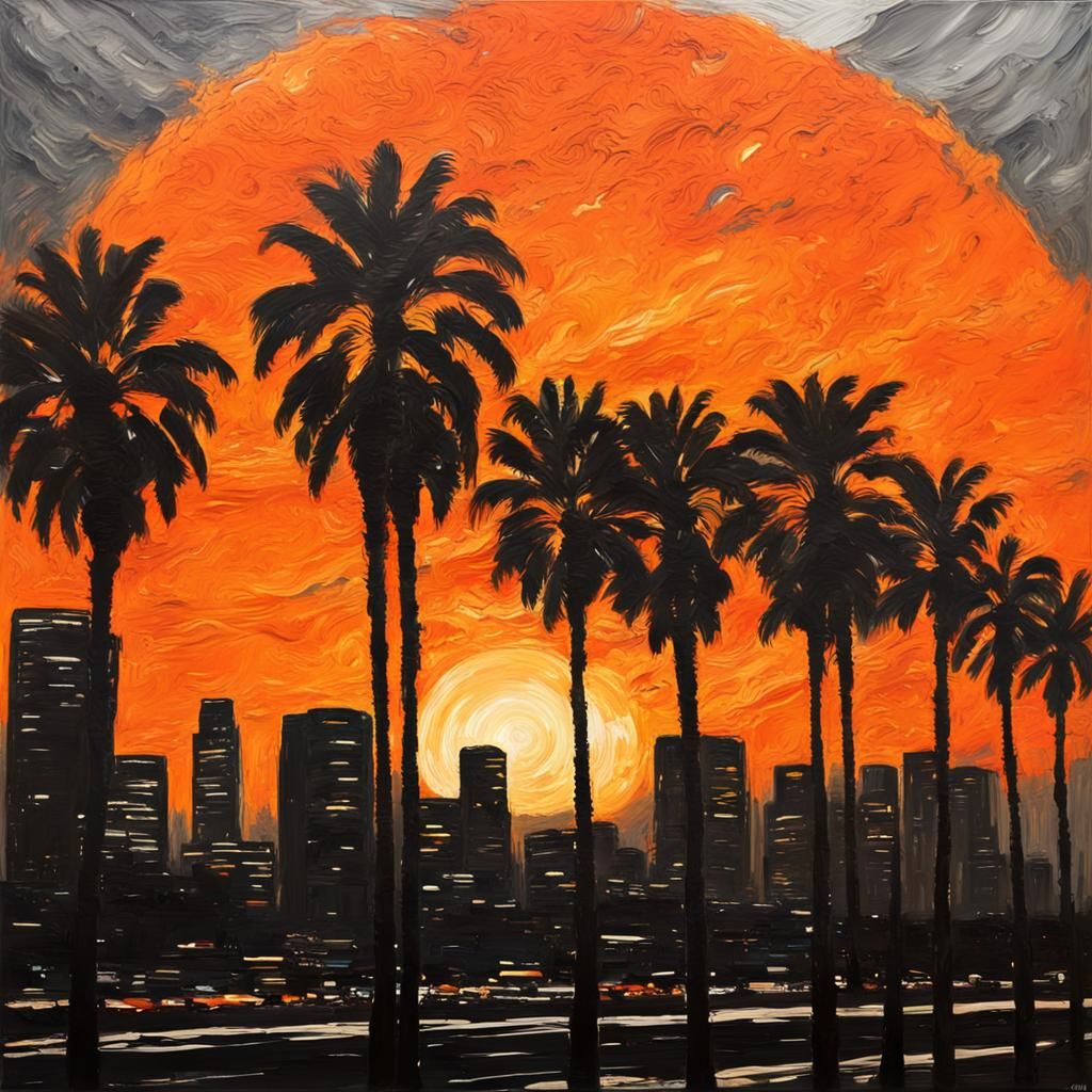 Los Angeles Sunset Silhouette as Palette Knife Painting