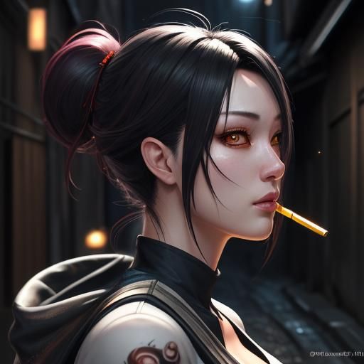 Anime Girl Drinking Beer in Dim Alleyway