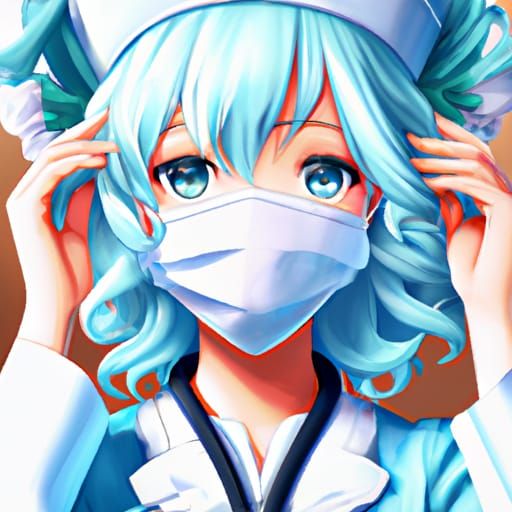 Cute Anime Nurse with Blue Hair in Ghibli Style