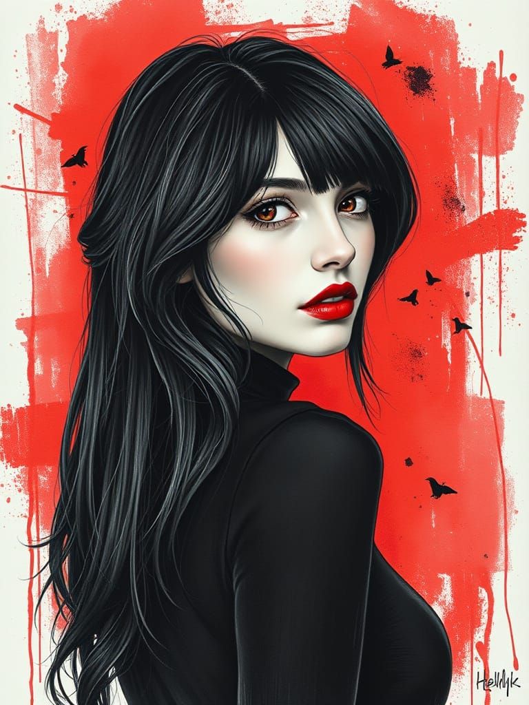 Sultry Woman in Charcoal Drawing Style with Vibrant Red Back...