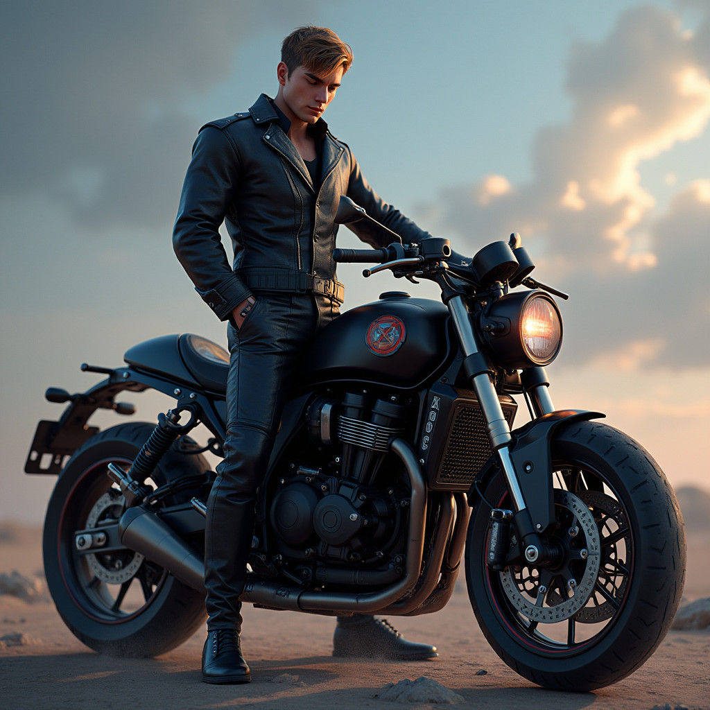 Man in Black Leather Suit with Motorbike