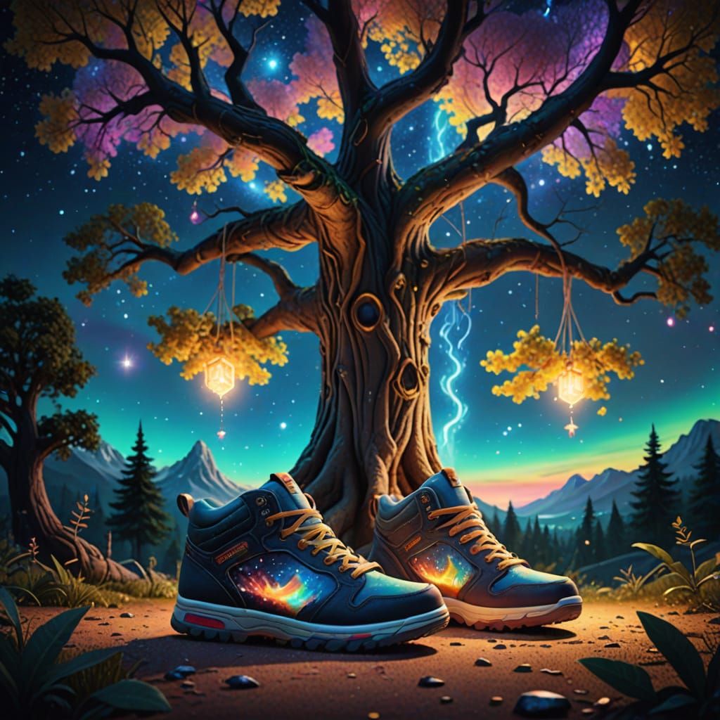 Glowing Tree of Enchanted Shoes in a Starry Night Sky