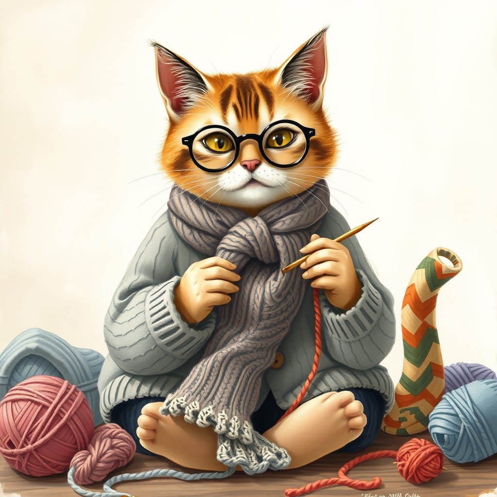 Cozy Feline Knitting in Whimsical Style