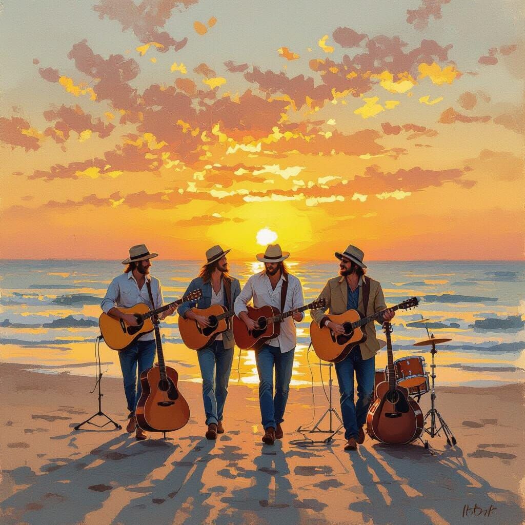 Band Strolls Beach at Sunset in Impressionistic Style