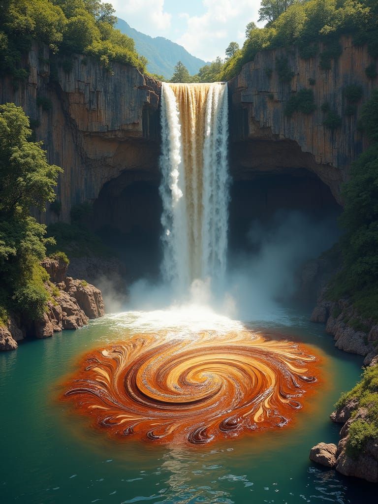 Majestic Coffee Waterfall with Swirling Art