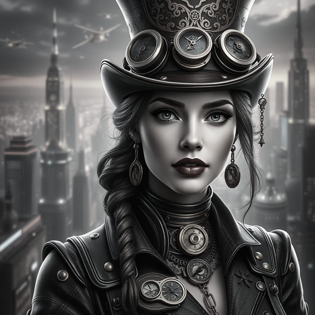 Steampunk Woman in Futuristic Metropolis: 8k Portrait