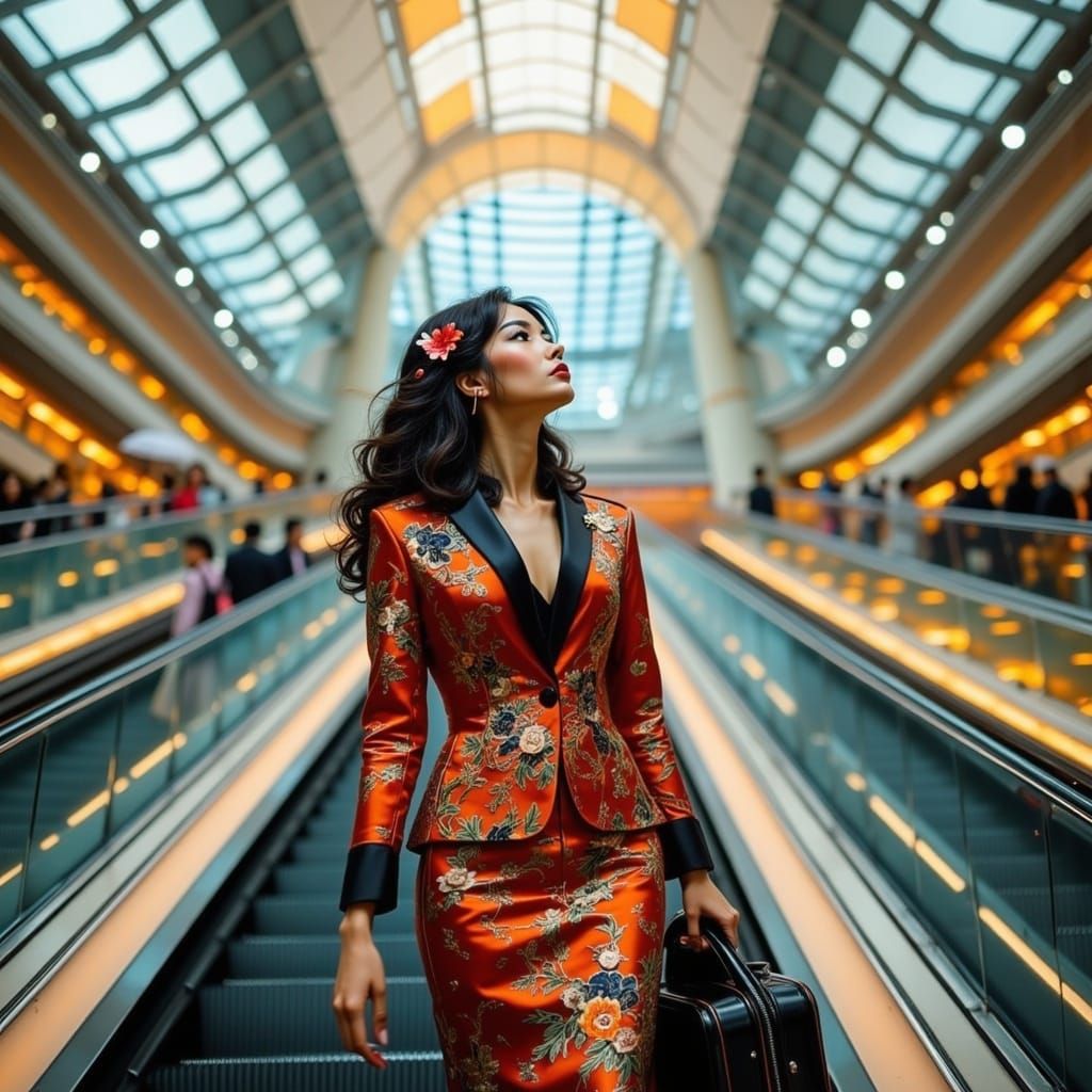 Elegant Asian Model on Escalator, Inspired by Chen Man's Sty...