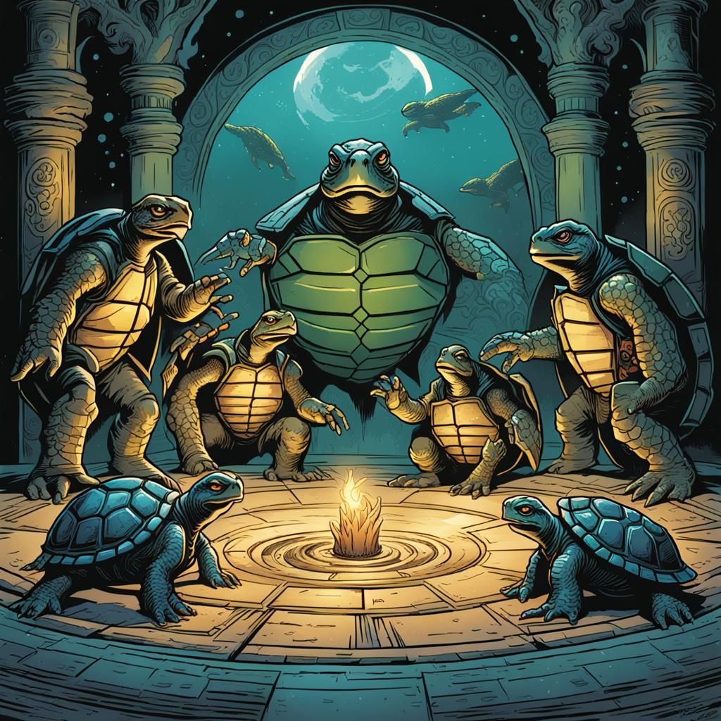 Turtles Worshipping in Circle: Comic Book Art